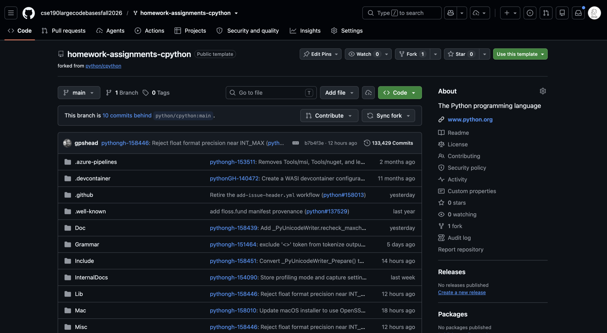 The homework-assignments-cpython template repository page. The Use this template button is at the top right.