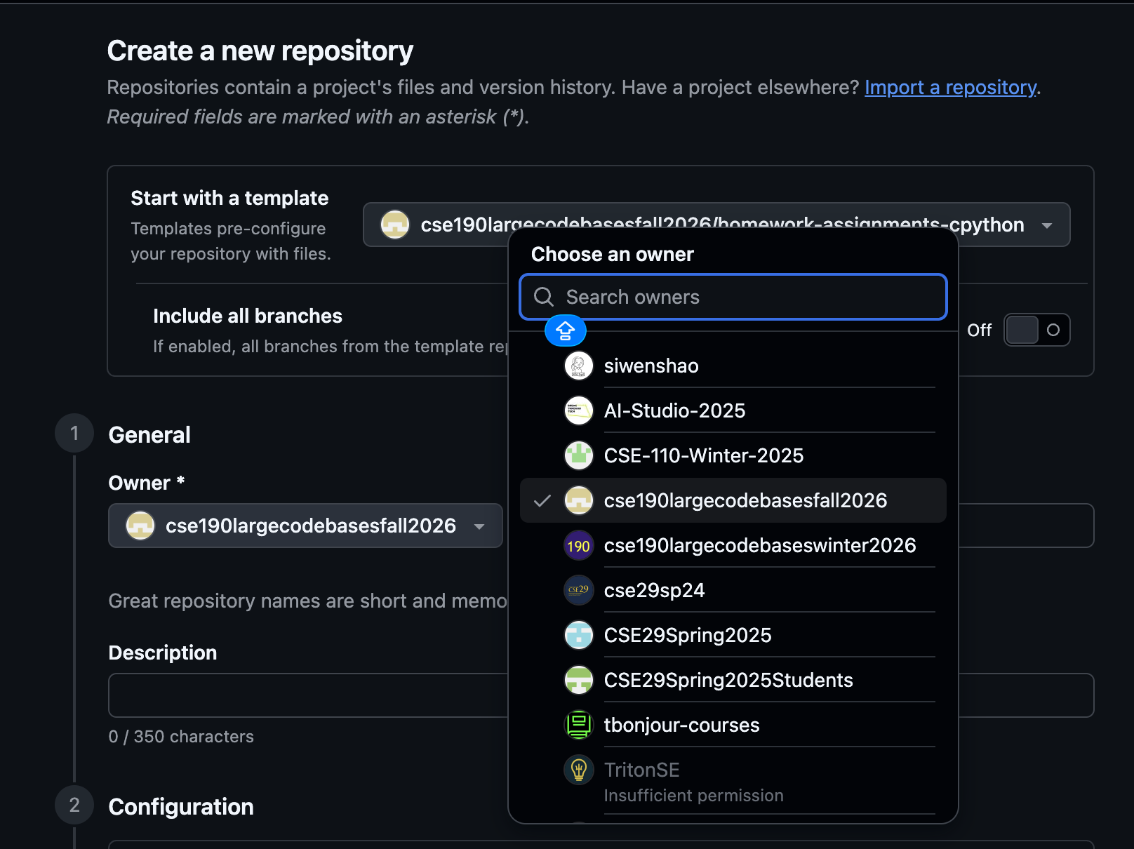 The Owner menu on the Create a new repository page, with cse190largecodebasesfall2026 selected instead of a personal account.