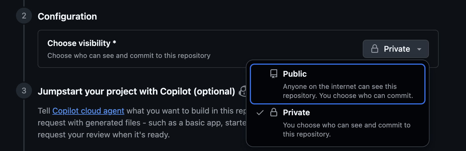 The Choose visibility menu, with Private selected.